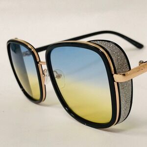 Square Sunglasses Blue Yellow Ombre Glitter Accents Fashion Shades Luxury Shades